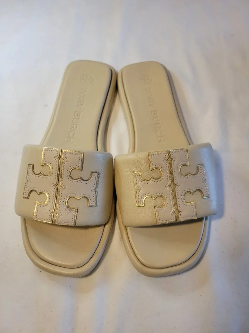 Tory Burch Double T Leather Slide Sandals Cream Beige Gold Logo Size 7